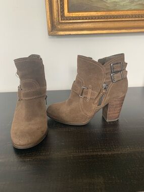 Gianni Bini Taupe Suede Buckle Ankle Boots